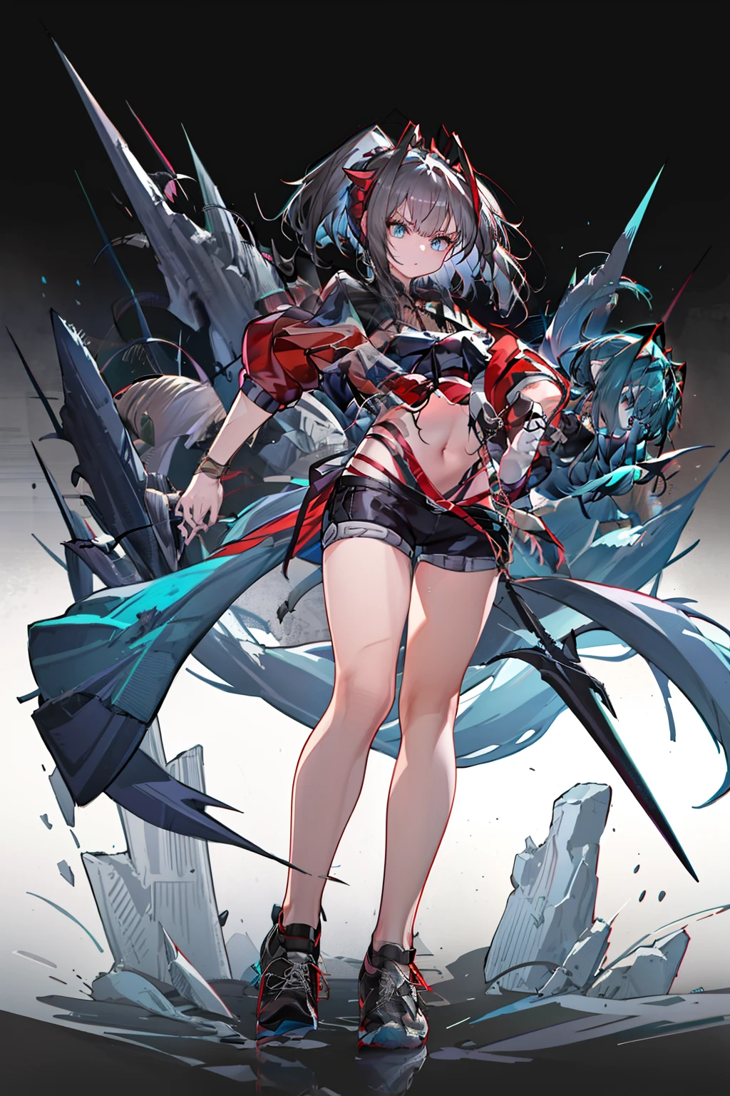 [ high quality] Wiš'adel  (Arknight)  small dark blue horns , turquoise blue eyes,  long hair tied in a ponytail,  dark brown hair ,  huge breasts , dagger in the hand in defense position ,  shorts with a chain around the hips,  short shirt, turquoise blue stencion,  brown hair, hair tied with a tail , Full media image, bottom: Destroyed City Cloudy, dagger in the hand at chest height, Muzlos-length sneakers, Medium screen close to ,  Fox ears and tail 