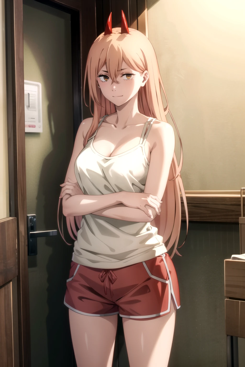 (masterpiece), (best quality), (highly detailed), (high resolution), (extremely detailed CG), (4K), (8K), (tall body), (tall), (long legs), 1girl, (power), (horn), hair between eyes, Cross-shaped pupil, long hair, (red demon horn), yellow eyes, (blond hair), smile, and stare at the viewer, closed her mouth, (white tank top), (dolphin shorts), cowboy shot, indoor