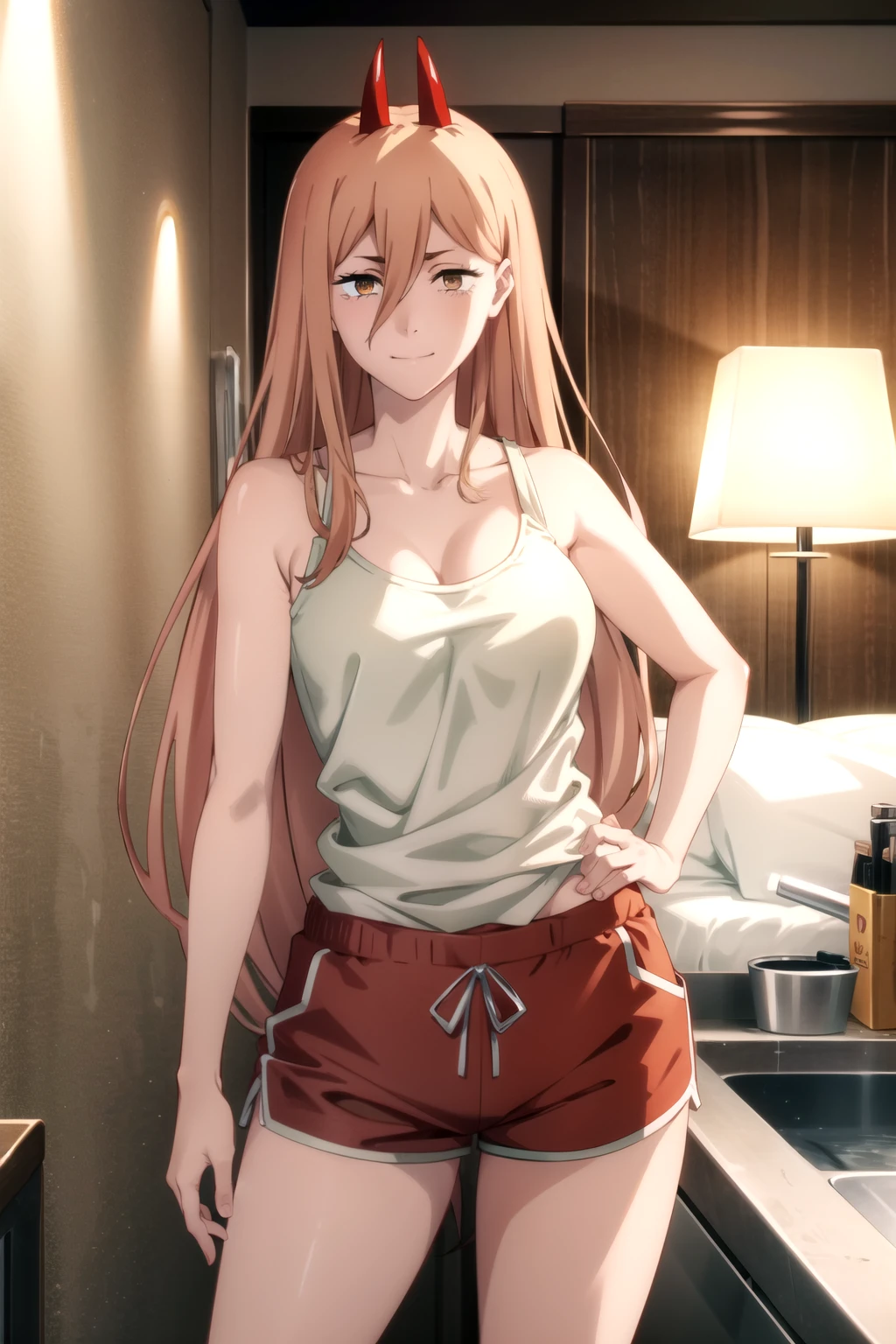 (masterpiece), (best quality), (highly detailed), (high resolution), (extremely detailed CG), (4K), (8K), (tall body), (tall), (long legs), 1girl, (power), (horn), hair between eyes, Cross-shaped pupil, long hair, (red demon horn), yellow eyes, (blond hair), smile, and stare at the viewer, closed her mouth, (white tank top), (dolphin shorts), cowboy shot, indoor