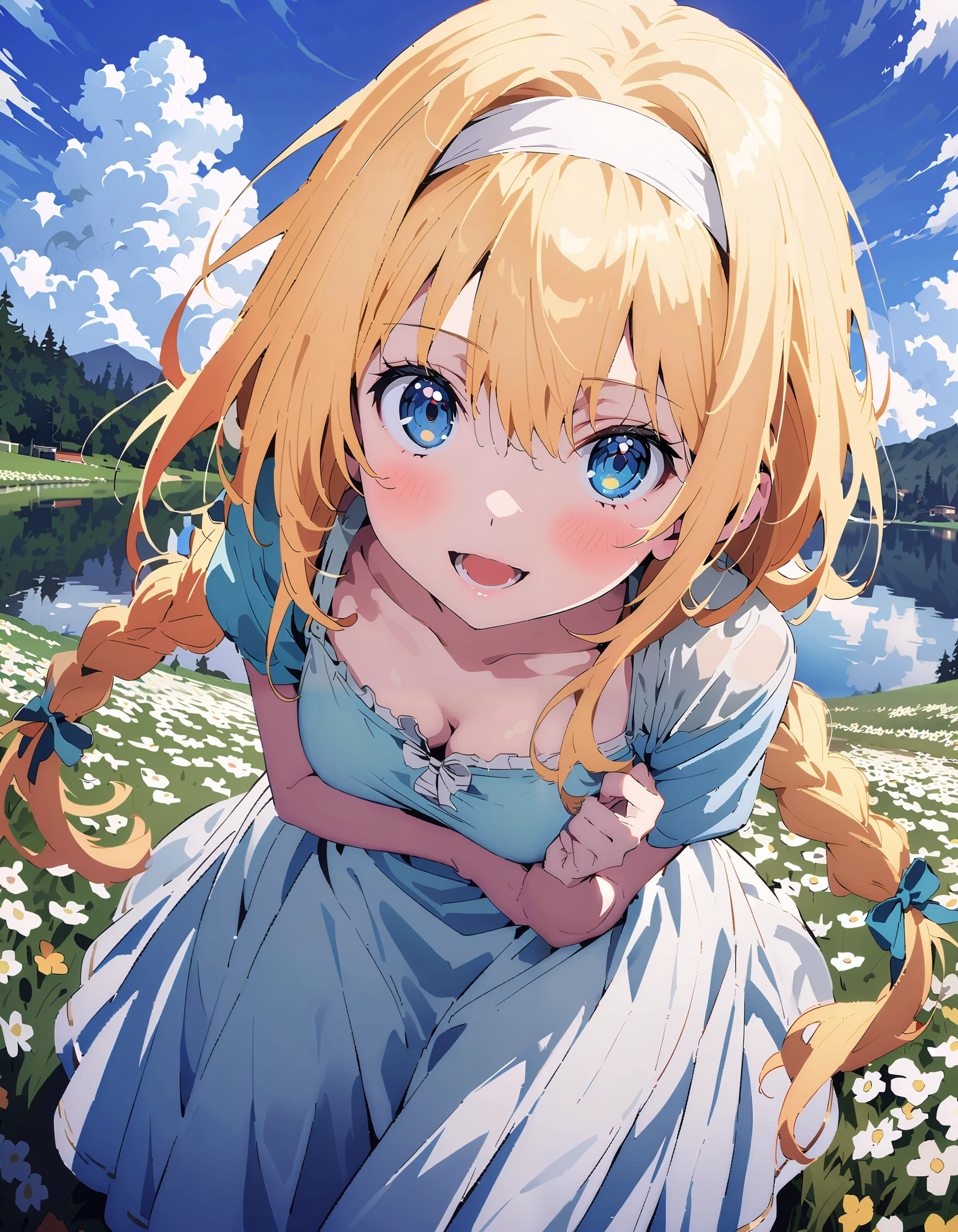 Alicesburg,  Alice Sberg , Alone,bangs,  blue eyes,   blond hair,  smile,blush, open your mouth, hair between eyes, Very long braids,  single braided , headband, white  headband,yellow off-the-shoulder dress,Medium breast, white long skirt, cute heeled sandals , are standing, Flower blowing snow, style so that the whole body is in the illustration ,
break outdoors, Flower Field, Compa,Large Lake,Mountain,
break looking at viewer,
break ( Masterpiece:1.2), top quality , kampala, Unity 8k Wallpaper,(shape:0.8),(  fine, beautiful eyes  :1.6),It's a person , full body photo,CG Details , ( perfect hands, Complete Anatomy),