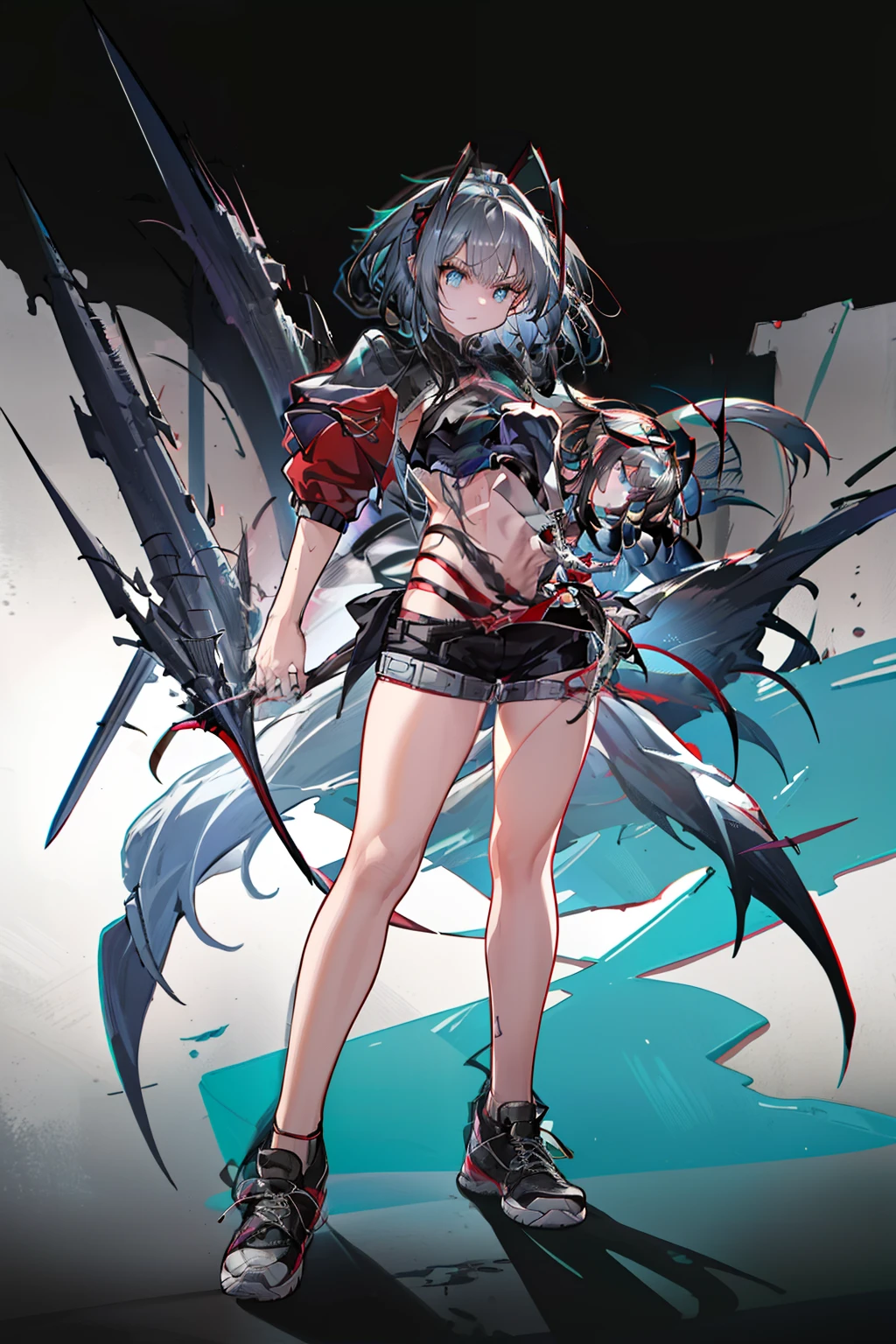 [ high quality] Wiš'adel  (Arknight)  small dark blue horns , turquoise blue eyes,  long hair tied in a ponytail,  dark brown hair ,  huge breasts , dagger in the hand in defense position ,  shorts with a chain around the hips,  short shirt, turquoise blue stencion,  brown hair, hair tied with a tail , Full media image, bottom: Destroyed City Cloudy, dagger in the hand at chest height, Muzlos-length sneakers, Medium screen close to ,  Fox ears and tail 