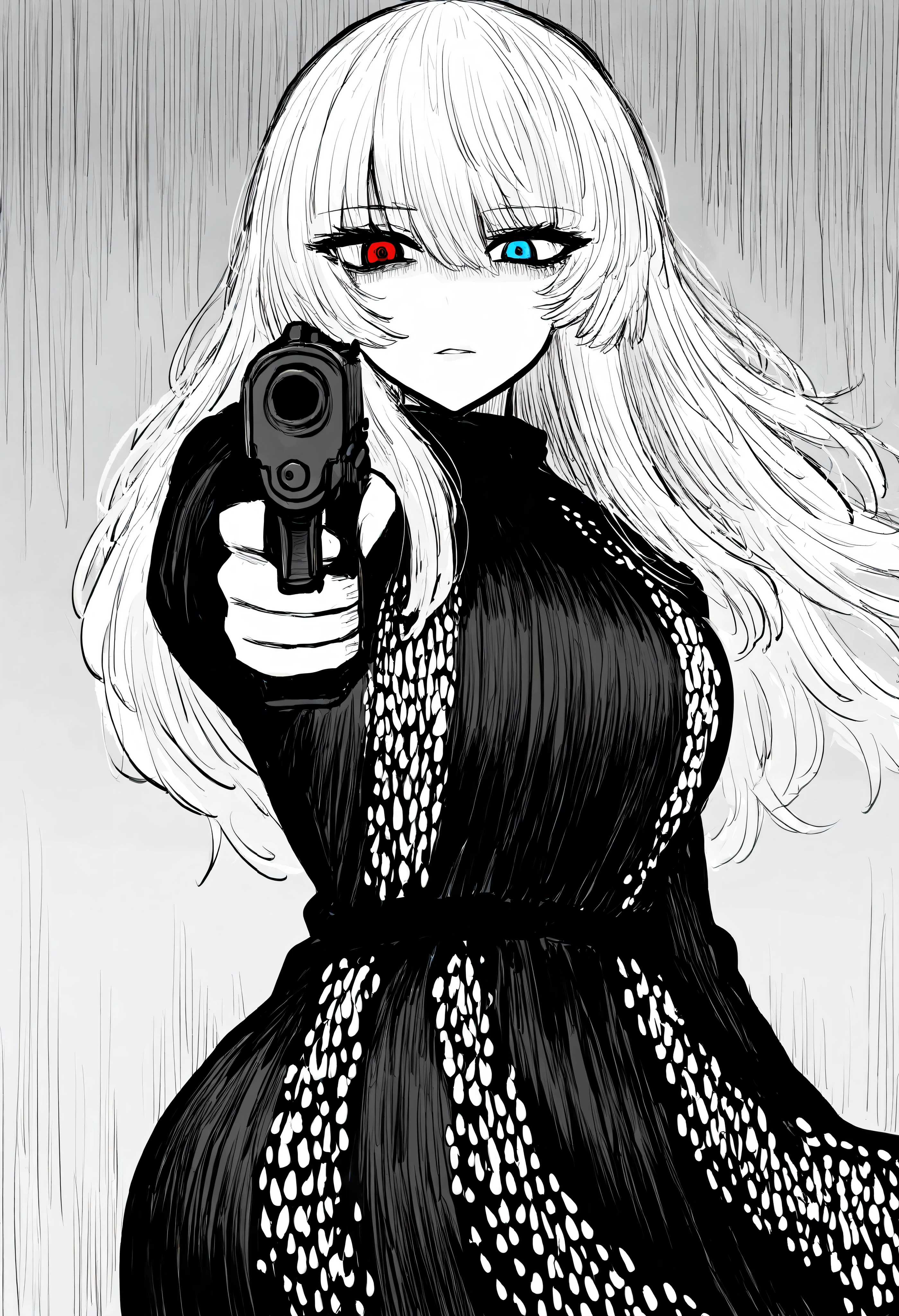 (masterpiece), best quality, 1girl, perfect face,curvy body,arrogant gaze,monochrome,slightly wavy white hair,long hair,Heterochromia eyes,right eye is red,left eye is cyan, cowboy shot, standing, portrait, upper body,black dress,sequins on dress,finger on trigger,hand gun, holding gun, aiming at viewer, handgun, holding weapon