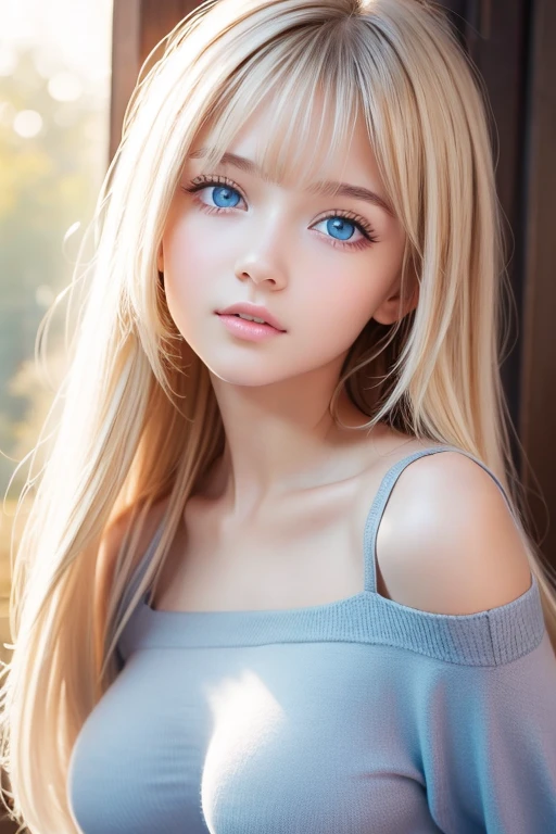 Highest quality, , Soft Light, Ultra-high resolution, (Realistic:1.4), RAW Photos, 1 Russian blonde girl, alone, cute, (A shy smile:0.5), (Tea、Blue Eyes, Light in your eyes), Beautiful face in every detail, (From head to toe),(Long Hair),( Slightly disheveled clothing)