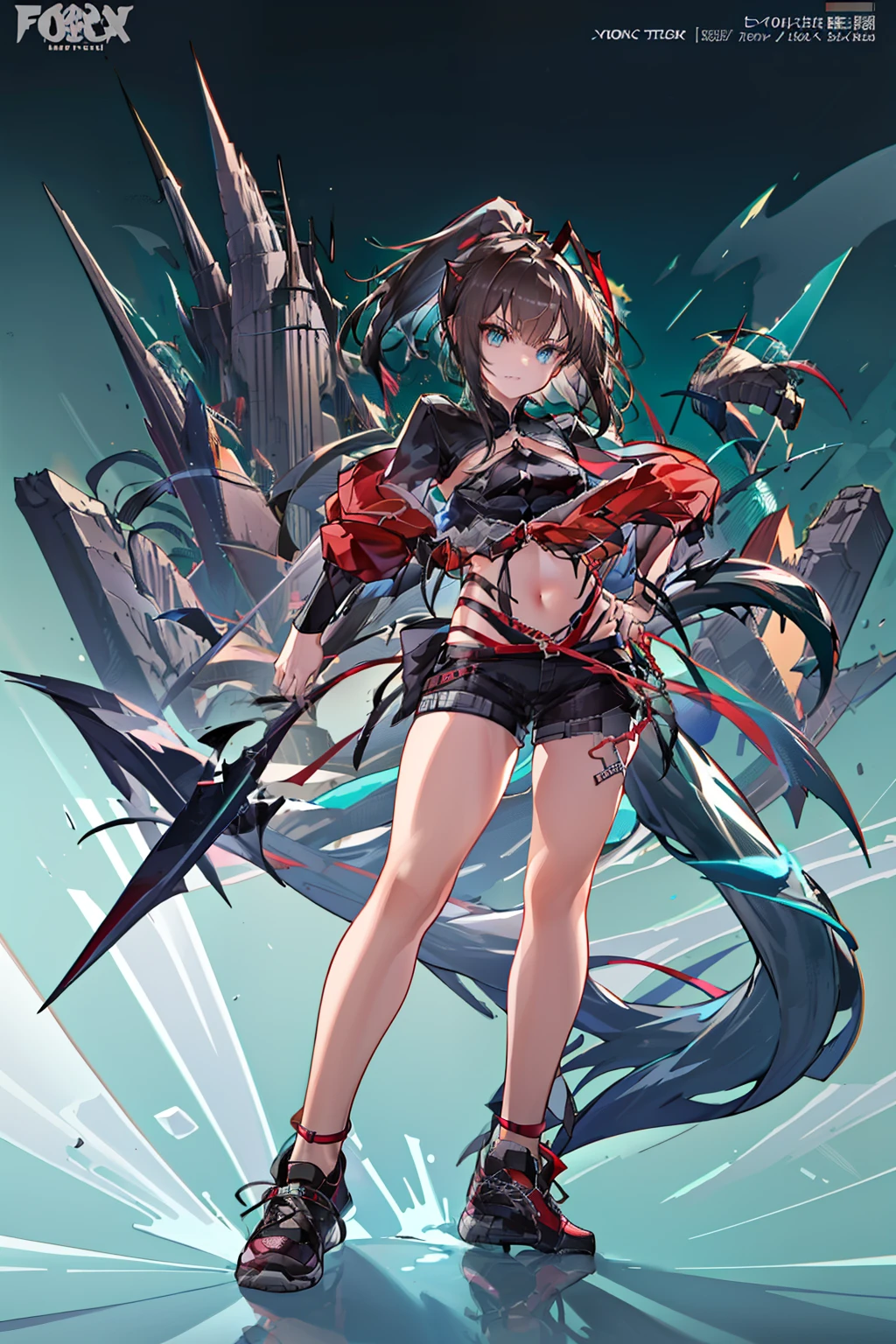 [ high quality] Wiš'adel  (Arknight)  small dark blue horns , turquoise blue eyes,  long hair tied in a ponytail,  dark brown hair ,  huge breasts , dagger in the hand in defense position ,  shorts with a chain around the hips,  short shirt, turquoise blue stencion,  brown hair, hair tied with a tail , Full media image, bottom: Destroyed City Cloudy, dagger in the hand at chest height, Muzlos-length sneakers, Medium screen close to ,  Fox ears and tail 