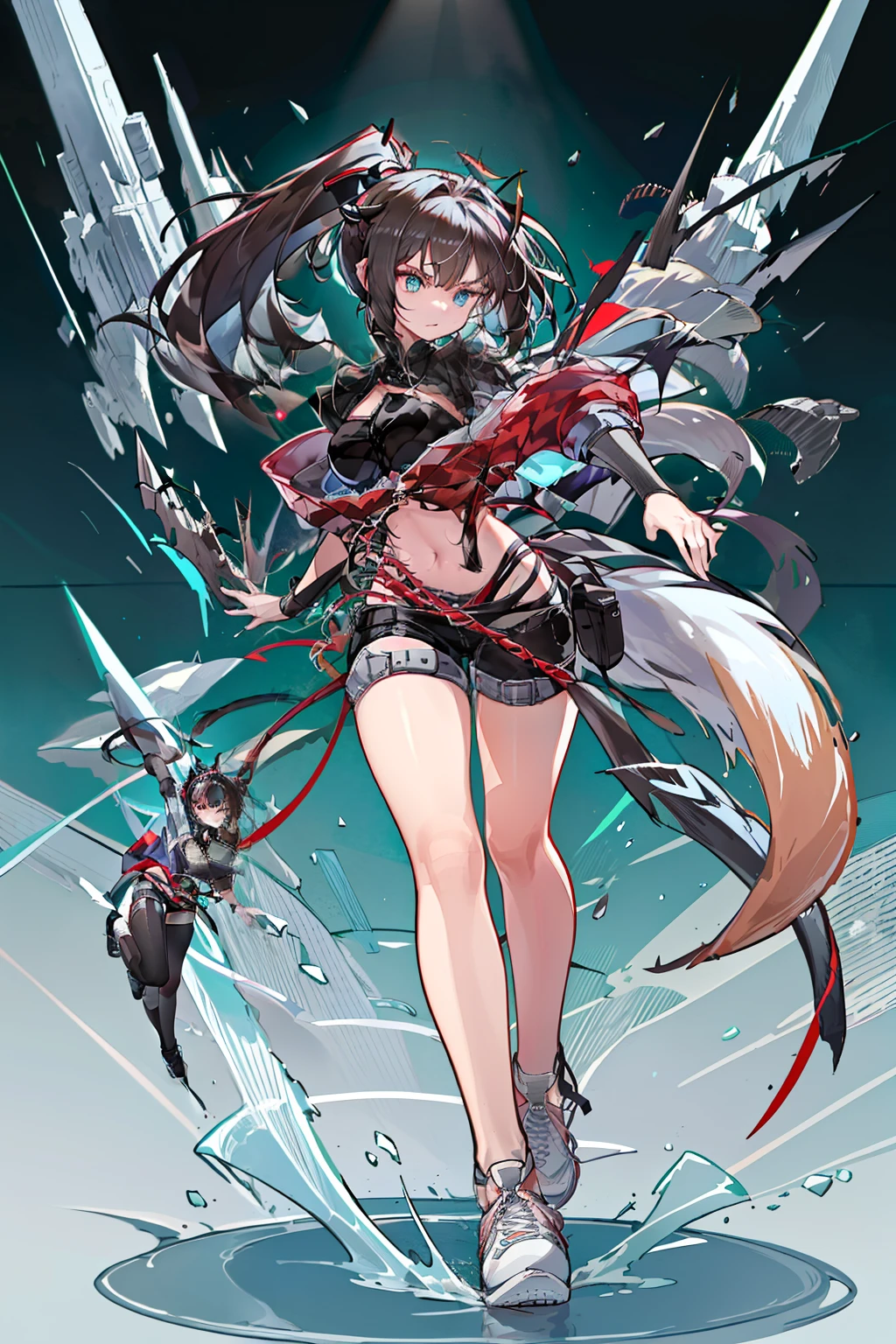[ high quality] Wiš'adel  (Arknight)  small dark blue horns , turquoise blue eyes,  long hair tied in a ponytail,  dark brown hair ,  huge breasts , dagger in the hand in defense position ,  shorts with a chain around the hips,  short shirt, turquoise blue stencion,  brown hair, hair tied with a tail , Full media image, bottom: Destroyed City Cloudy, dagger in the hand at chest height, Muzlos-length sneakers, Medium screen close to ,  Fox ears and tail 