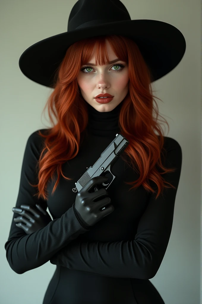 Une famme qui porte une perruque de cheveux roux  Lons et qui porte des gants blan jetable et Lons avec masque qui font un braquage dans une bijouterie qui brise la vitrine pour ramses les bijoux  avec des pistolet 