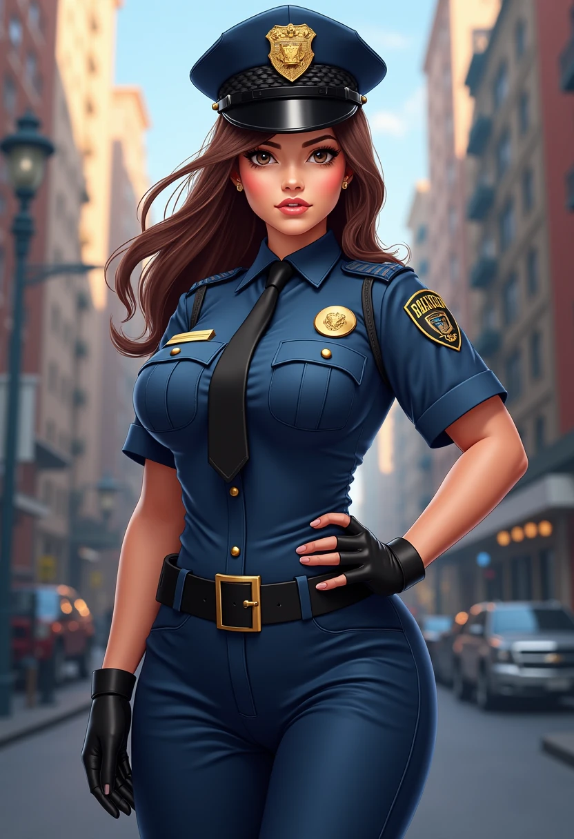 Create a female character in the Marvel comics style, character must have a half profile face, breasts small, slim ,wearing a police outfit with a short skirt