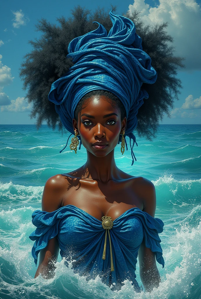 "A serene and majestic depiction of Iemanjá, the Yoruba orixá of the sea and mother of all orixás. She is portrayed as a beautiful and regal African woman, adorned in flowing blue and white robes, symbolizing the ocean waves. Iemanjá is surrounded by the sea, with gentle waves lapping at her feet, and a crown of pearls and seashells adorning her head. The background features a tranquil ocean scene with a setting sun casting a golden glow on the water, highlighting her nurturing and protective nature. The scene is peaceful and radiant, reflecting her role as the mother and protector of life."