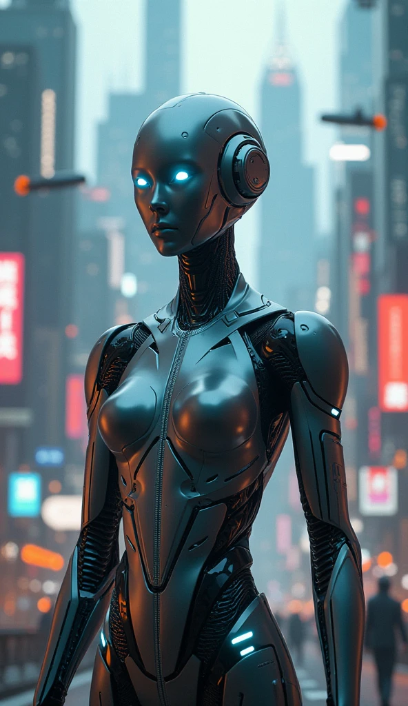A futuristic humanoid robot with sleek metallic design and glowing blue eyes, set against a backdrop of a neon-lit cityscape.
