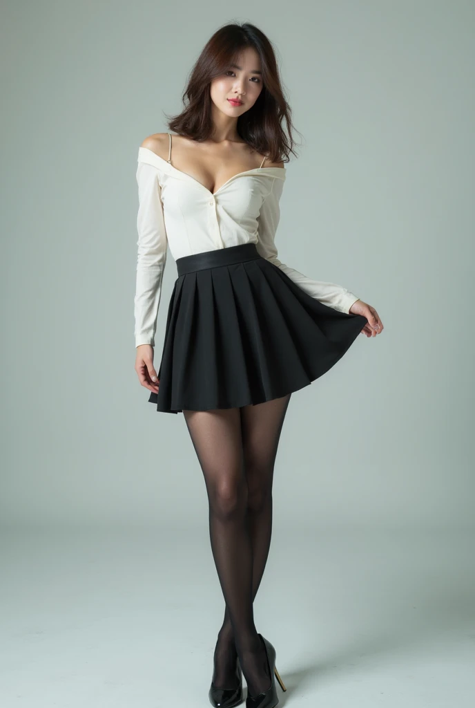Charming beauties、OL、White blouses、Black pleated skirt、charming oval face、二重まぶた、Clear eyes、red lipsticks、Beautiful thin legs、toned ankles、The ultra -The high-definition、The ultra-detailliert、Elegant standing figure、Create a slender lower body curve、Expressing adult femininity、top-quality、8K、ultra-detailliert、soio、9 head body、schools