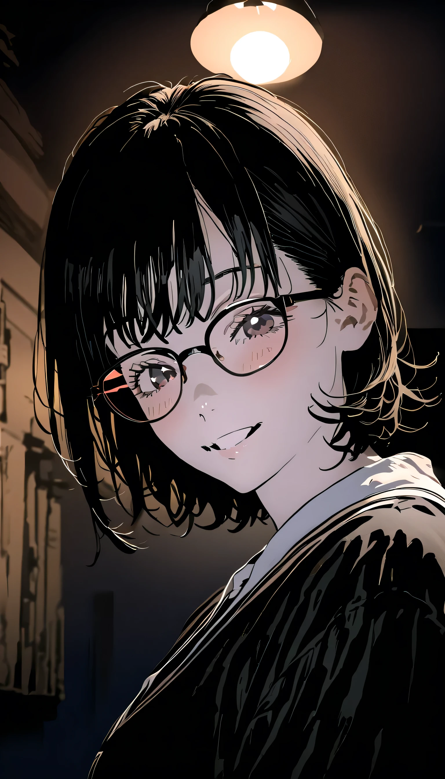 (RAW photo, best quality), 1girl, cute girl, smiling, high quality, (high detailed skin:1.4), puffy eyes, glasses, gorgeous hair, (dark room:1.3), (rim lighting:1.3), (dimly lit:1.3), (dark night:1.3), indoors, portrait, black hair, dark background, short hair, looking at viewer
