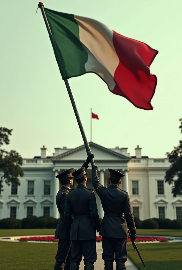 Fascist soldiers hoisting the flag of the Italian Social Republic on the pole of the White House in Washington DC