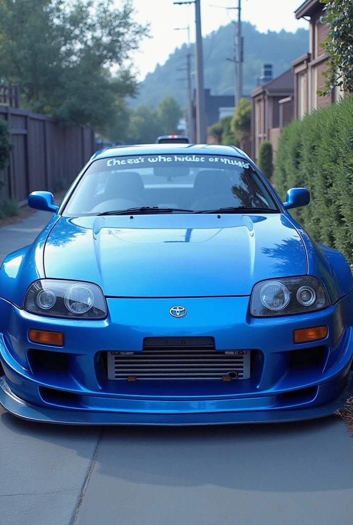 a close up of a blue car parked in a driveway, a pastel inspired by An Gyeon, tumblr, auto-destructive art, wide body, toyota jzx 1 0 0 drift, japanese drift car, front side full, front profile!!!!, front side, kentaro miura style, 😭 🤮 💕 🎀, ((oversaturated)), blue tinted