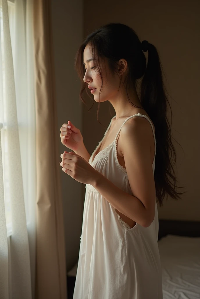 Dark brown hair、Light brown eyes、Japanese actress、 Lady、I am about 40 years old..、(Intricate details:1.2)、(Which one is on top??:1.4)、 (Ultra-high resolution:1.2)、Ultra-high resolution、(Finely tuned)、(Detailed facial features)、Hmph、8K resolution、D cup size breasts、Long Hair、Large windows、Extravagant space、relax、、,Full body photo、Head to toe shot、Beautiful legs、Camisole dress、Beautiful legs、A refreshing room filled with sunlight、she, household items, (plant:0.8), Fashion Hub, Extreme Detail, Very detailed, Realistic, Hourglass-shaped body, Obscene pose,、、私 cry a lot、tears、person on the left、White wall、White floor、diagonally from below、Please lift your chin、テーブルの上にsit、relaxした表情、Pose of Weakness、(auraroid photo:1.2)、From outside the window、Transparent Painting、8K、32k、Highest quality、(Details of both eyes)、1 Girl、elegant、(Loose dress :1.4)、sunset、sit、(Low Angle、From what angle do you see this?:1.2)、Hilarious、Leaning against a wall、