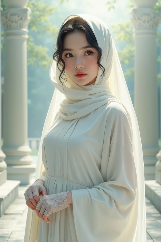 Realstic, 8k, 1girl very beautiful European beauty, longs cheveux blancs en queue de cheval, , heterochromic eyes, moles under the eyes, thick eyebrows, Moroccan caftan covers its whole body different design