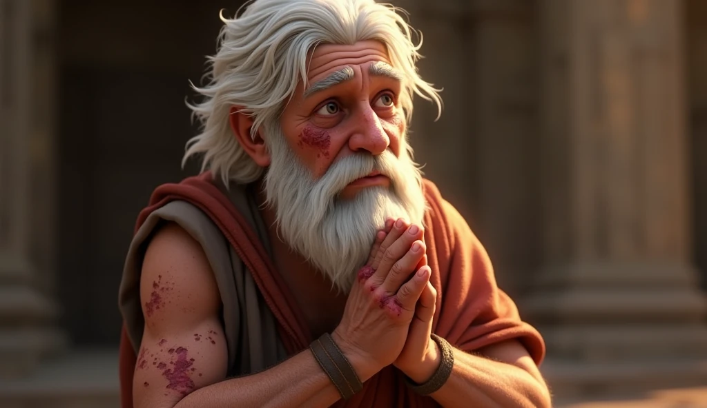 STRONG SLIM MAN WITH GRAY BEARD, GRAY HAIR, LONG TO SHOULDERS, BROWN EYES, SUN TAN SKIN, DRESSED IN BEIGE LINEN TUNICS, SIMPLE BROWN LEATHER SANDALS, HE IS KNEELING PROSTRATE EXPRESSING REVERENCE, SAYING A PRAYER. 
A LIGHT FROM ABOVE WAS OVER HIM, 3D PIXAR CARTOON STYLE, CINEMATIC, WORK OF ART, DRAMATIC,DYNAMIC VIEW, WHOLE BODY.