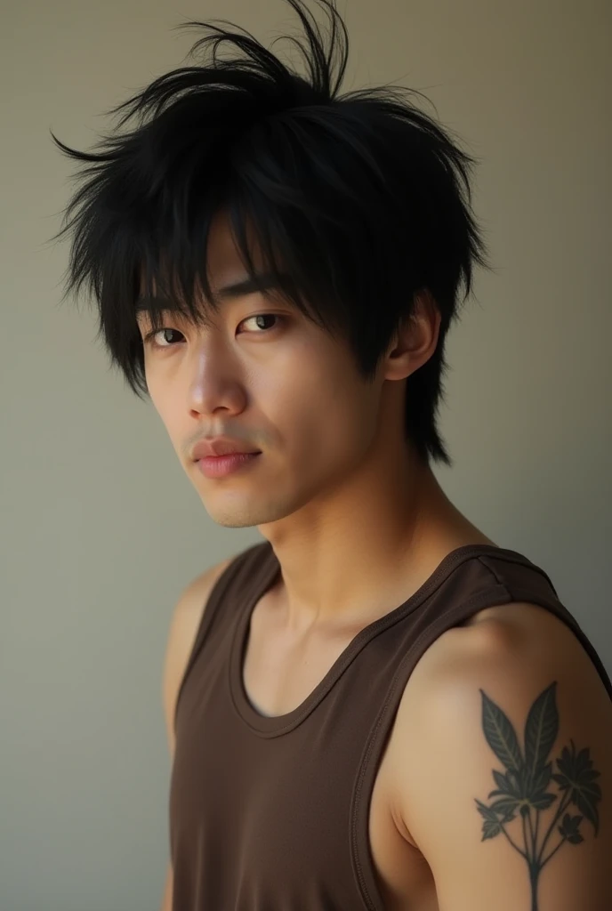 Hitoshi stands at 5'9" with a lean yet athletic build, honed from years of martial arts training and rural labor. His short, spiky black hair is often messy, and his piercing brown eyes seem to hold a deep connection to the natural world with a good modern yet simple fashion sense