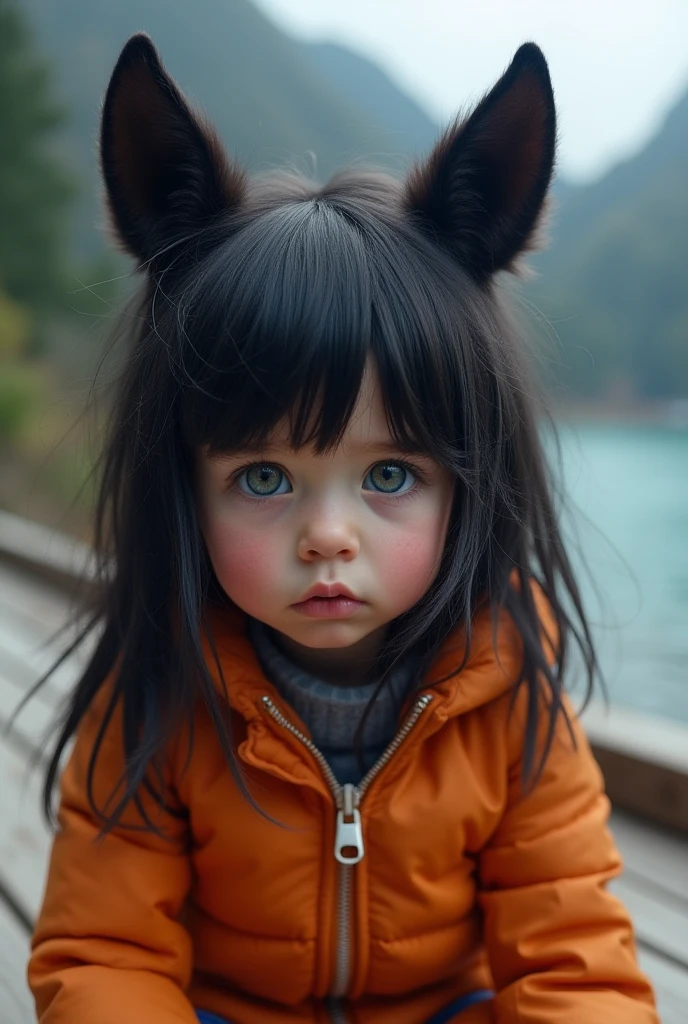 GIRLS CHILDREN, WITH VERY LONG STRAIGHT DARK HAIR, BLACK FUR COAT., PETROLEUM BLUE BACKGROUND.