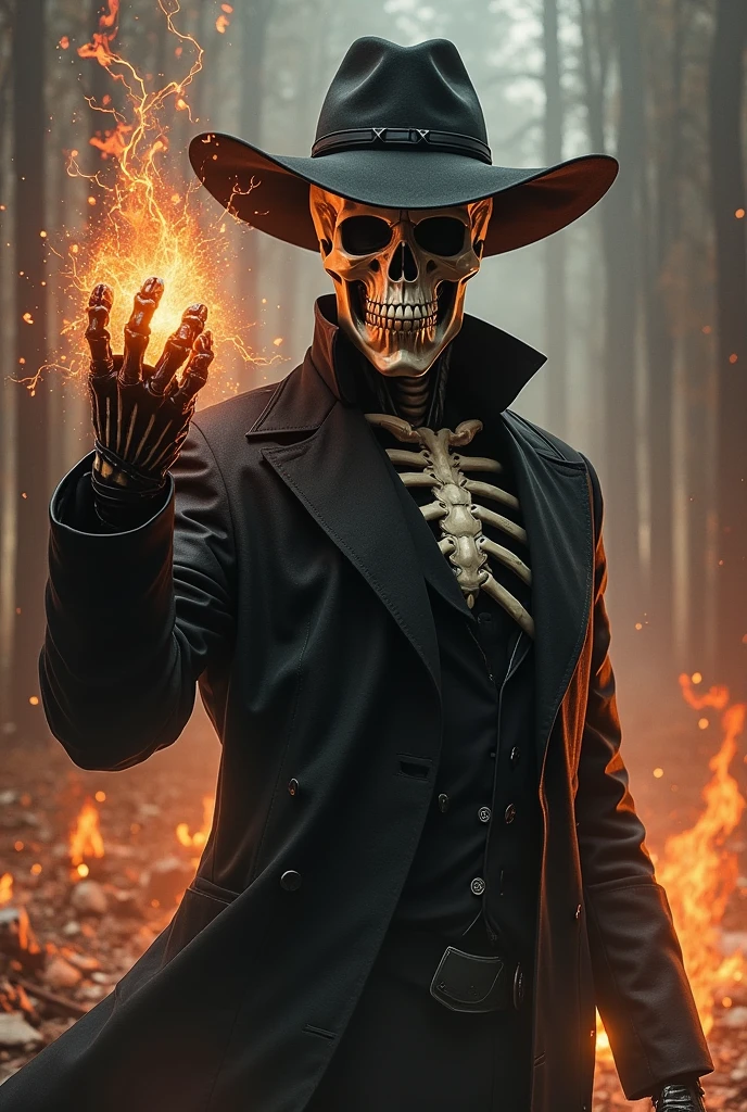 A zombie wearing a western hat and dark clothes with fire powers