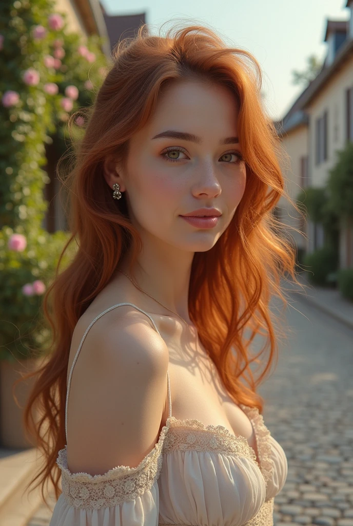 Raw photo, 20 years girl、Sexy, masterpiece、hight resolution、off shoulders、summer dress(Fluffy sway and wind)、natural breasts, Large cleavage、a beautiful italian girl (High detailed skin:1.2),、beautiful thigh 、While looking at the camera、Italian beauty、blond、 Digital SLR, Soft lighting, High quality、Take in breathtaking views of the city in the background, Date、wavy auburn hair fluttering,smile、Colossal , models、Sexy and dramatic, Staring at the whole body of the girl, standing