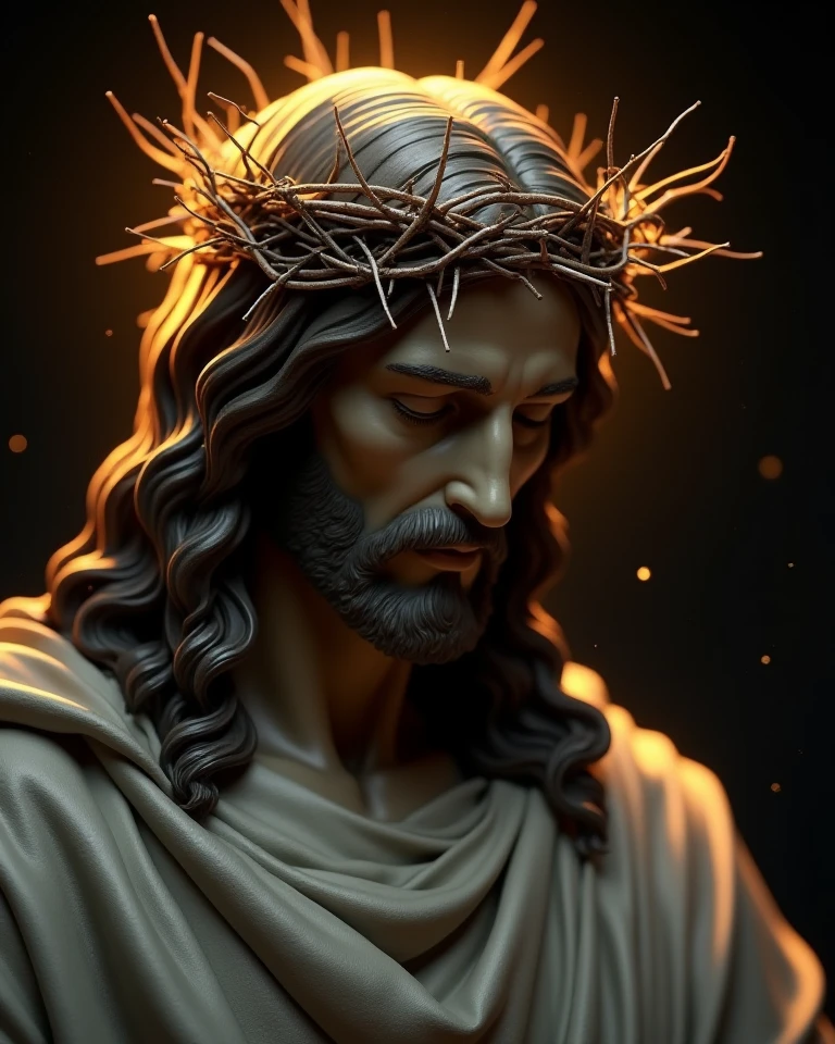 a statue of Jesus Christ, crown of thorns, eyes closed, blood running down his face, suffering features, (with beams of light in the background:1.4), sacred heart in the chest, Clint Cearley, a marble sculpture, thin, (cinematic:1.4), slate gray atmosphere, hyperdetailed, soft tones, insane details, low contrast,