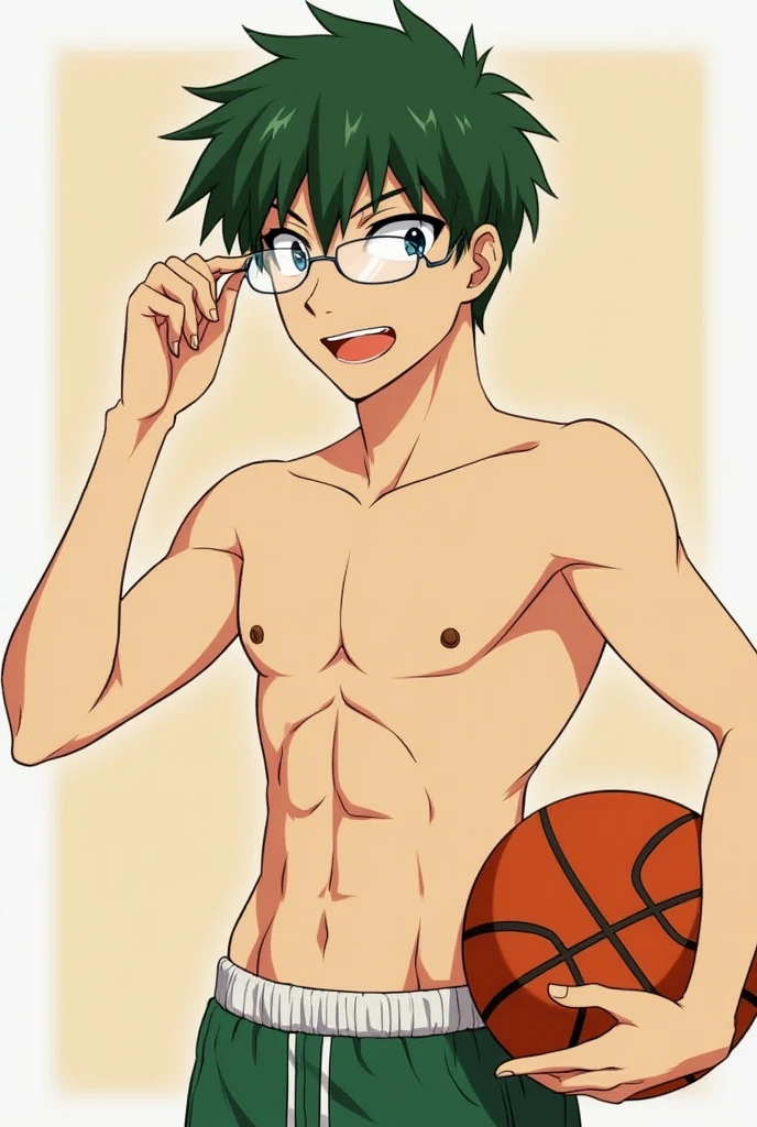 Boy, brown hair, short hair, sea green eyes. Holding a volleyball, shirtless, shirt off, sweat flowing down his body. Wearing blue shorts, hot weather, white background.,stsnding,shirtless