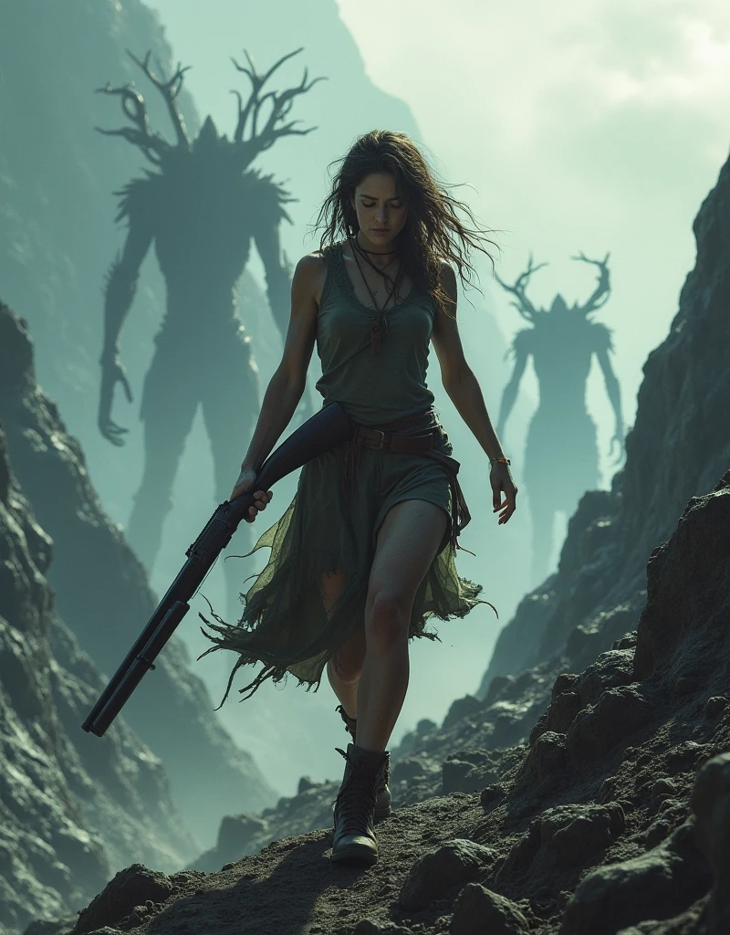 photorealistic, photograph, pretty brunette young woman, pale skin, barefoot, wearing dirty torn tunic, standing terrified infront of a monster