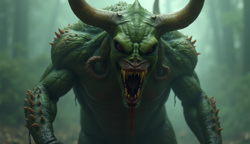 hdr, Capture a photorealistic image of a 3d monster, cinematix, in the city
(three point studio light:1.4), camera f1.6 lens ,rich colors ,hyper realistic ,lifelike texture, green body, red nails, gold jewelry, black horns
