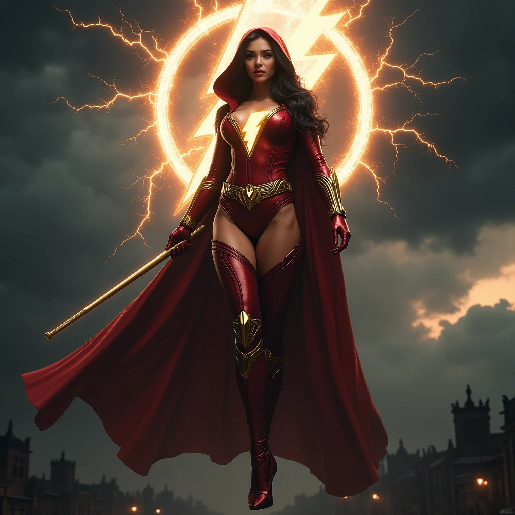 highest quality, masterpiece, realistic, High resolution, 8K RAW写真, 1 girl、long hair、goddess、Raise your decorated sword、((glamor body:1.3))、(Red bodysuit with flame motif、gold edge、white cloak)、silver pendant、silver earrings、(((action pose)))、(planet where the sun can be seen)、(many clouds in the sky）