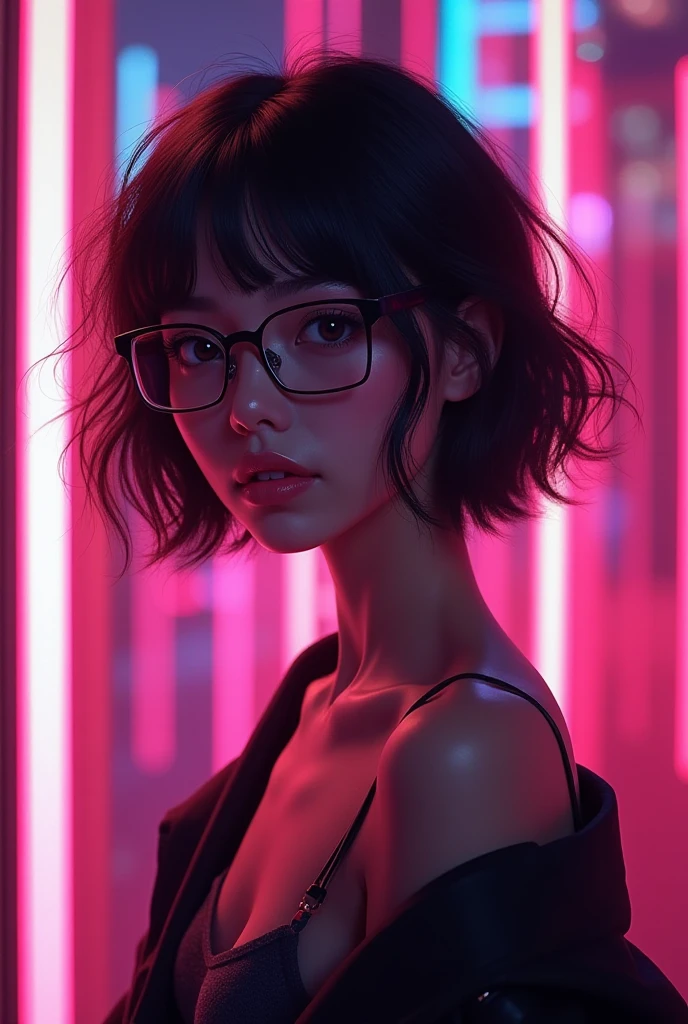 girl short hair, looks non binary. short hair curly black with round glasses