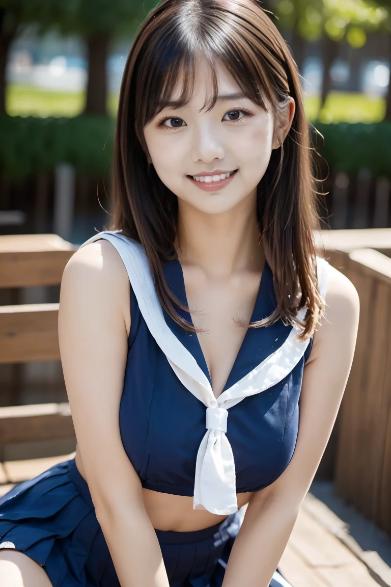 (high-level image quality、realisitic)、(me wearing a sailor suit))、Light from behind、Strong light from the front、face shines、Charm points are dimples and double teeth、Smile、placket、Room in total darkness、Black Room、There is nothing in the room、、Intense light illumination of the face and chest、25-years old、white  hair、Looking at the camera、(Pretty eyes)、(Light reflected in the eyes)、Left hand on chest、Stretch your right hand along your body、Delicate skin、.