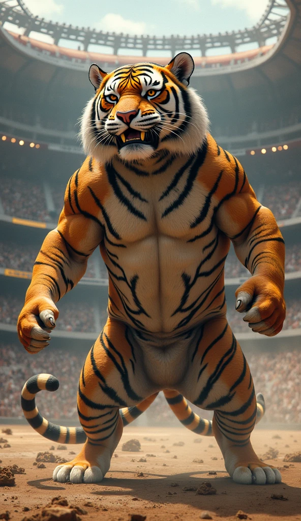 tiger mask creature, yellow and red colors, full body, Animal Anthropomorphism, realistic digital, humanoid, abstract background, global illumination, intricate, epic, dramatic, masterpiece, high detail, best quality, ultra high res, hyper muscular