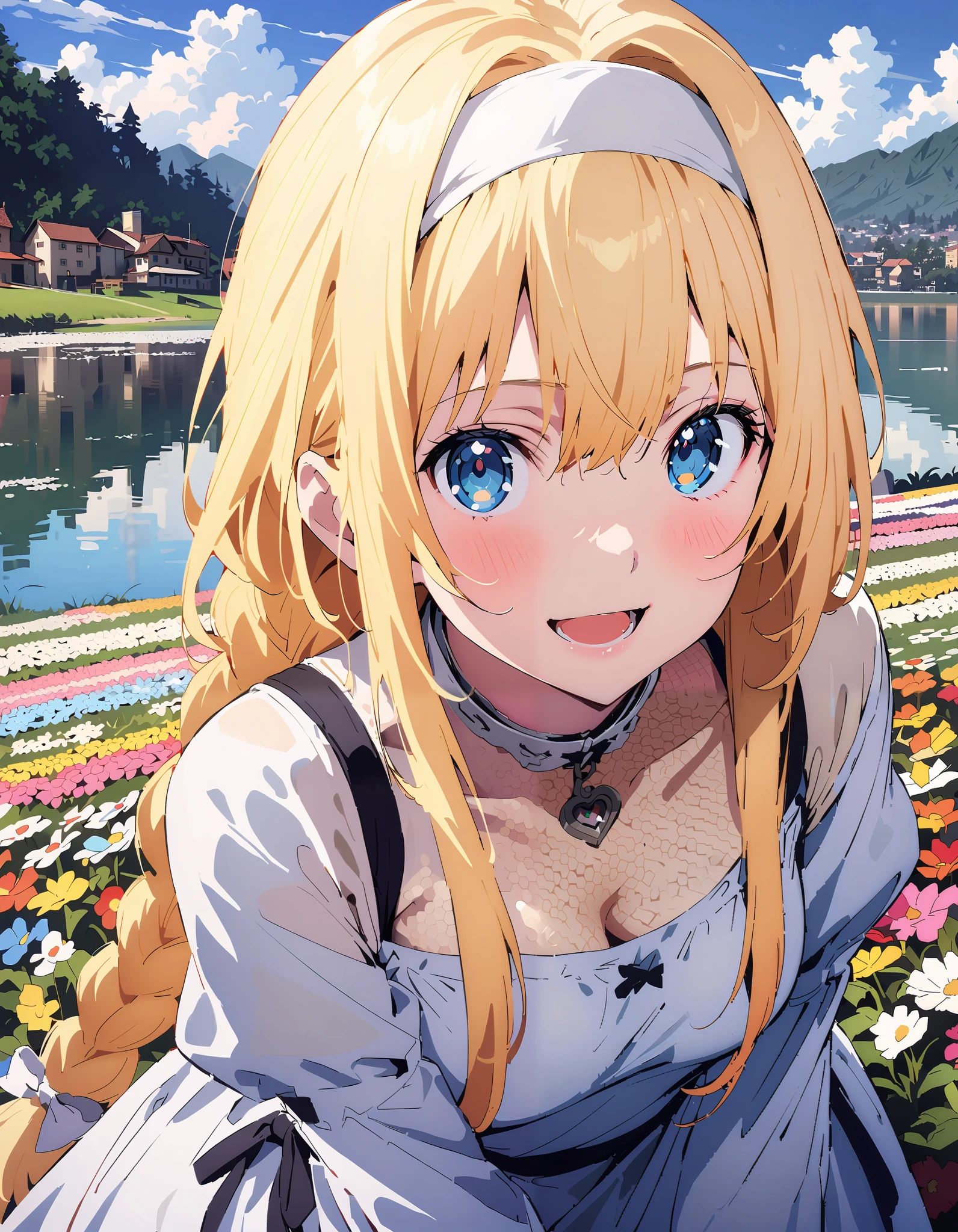 Alicesburg, Alice Sberg , Alone,bangs, blue eyes, blond hair, smile,blush, open your mouth, hair between eyes, Very long braids, single braided , headband, white headband,yellow off-the-shoulder dress,Medium breast, white long skirt, cute heeled sandals , are standing, Flower blowing snow, style so that the whole body is in the illustration ,
break outdoors, Flower Field, Compa,Large Lake,Mountain,
break looking at viewer,
break ( Masterpiece:1.2), top quality , kampala, Unity 8k Wallpaper,(shape:0.8),( fine, beautiful eyes :1.6),It's a person , full body photo,CG Details , ( perfect hands, Complete Anatomy),