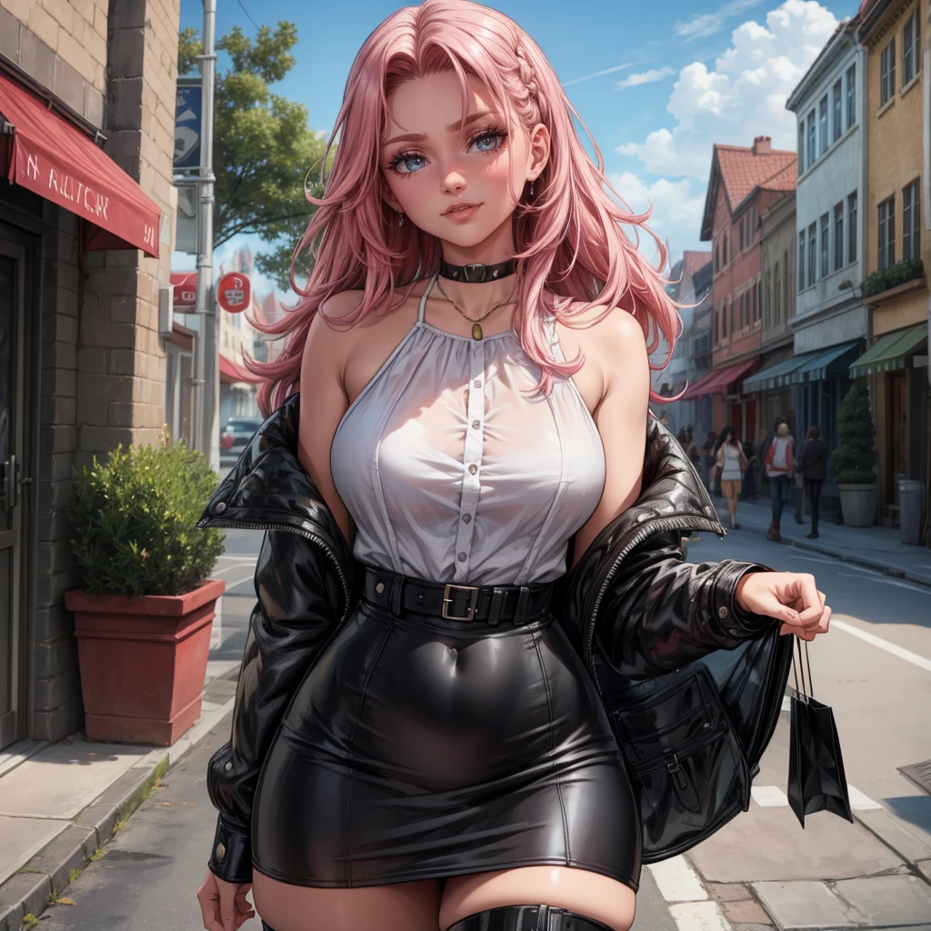 （night，Masterpiece:1.3）,(Backlight:1.5), 超高分辨率, super detailing, (Photorealistic:1.4), hdr, volumetic，A beautiful 22 year old girl, Solo,Detailed face，Realistic and natural skin texture，Jinx's hairstyle (long whitr hair，with pink hair:1.7), （Evil smile：0.8）,(with her mouth open：1.2), Red lips,Black collar，Wear a black leather jacket，Wear a pink off-the-shoulder evening dress underneath，Black shoes, Fold your hands to your chest
