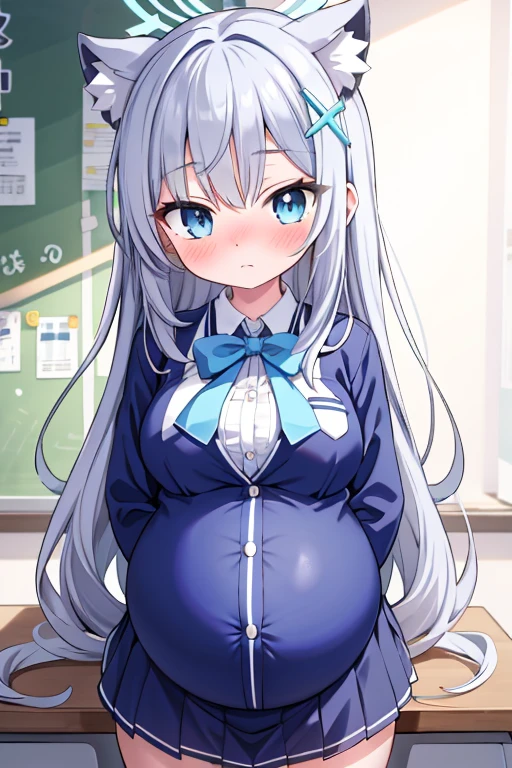 (high quality), 1 girl, young girl, , junior school girl, long hair, (pregnant), hair ribbon, junior , school background (comfortable expressions, detailed eyes).