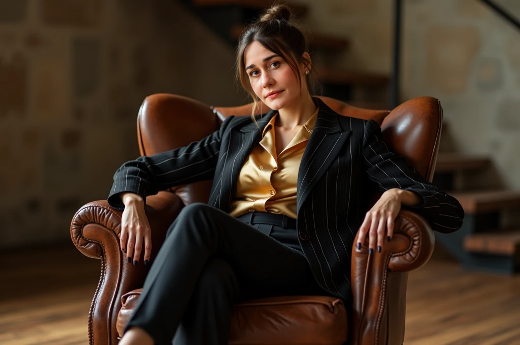 A real life photo of a powerful and confident businesswoman in a tailored suit with buttons undone. She is sitting on a leather chair in an elegant and sophisticated corporate setting.