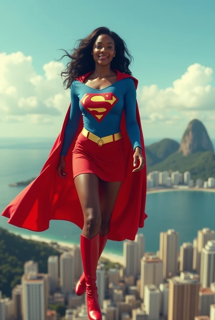 super breasts; Paula Patton Supergirl 1984s movie costume; saving the world; posição de levantar vôo; braços esticados para cima; taking off from a roof (worn clothes on the ground); floating towards the Centro da Cidade- Rio de Janeiro sky; HD. Photograph, ((realism)), extremely high quality RAW photograph, ultra detailed photograph, sharp focus, high resolution, (detailed skin:1,3),high quality, film grain, Fujifilm XT3,Highly Detailed, movie, (Cinematic Photo:1.3) of (Realistic:1.3). Super breasts.