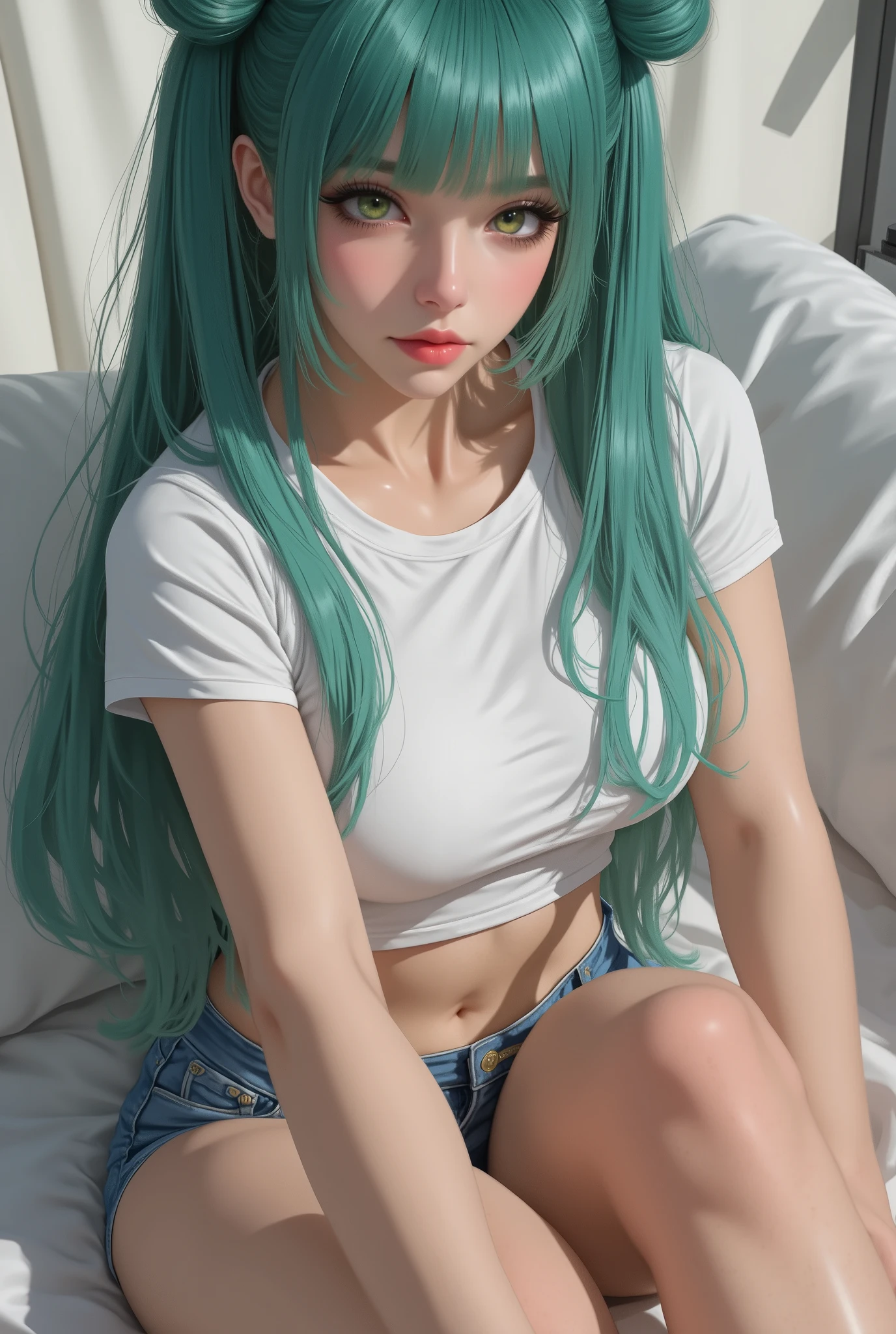 Linda ,with long blue hair,big green eyes perfect body ,White tank top, black short shorts