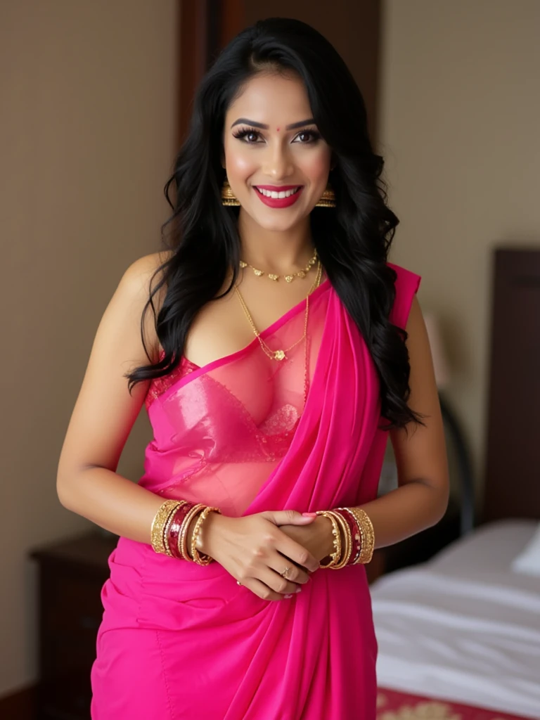 Make it real, realistic, savita bhabhi, 1girl, breasts, solo, black hair, undressing, deep navel, jewelry, bracelet, long hair, pink lingerie, pink saree, undressing pink blouse, stripping, curvy bod y