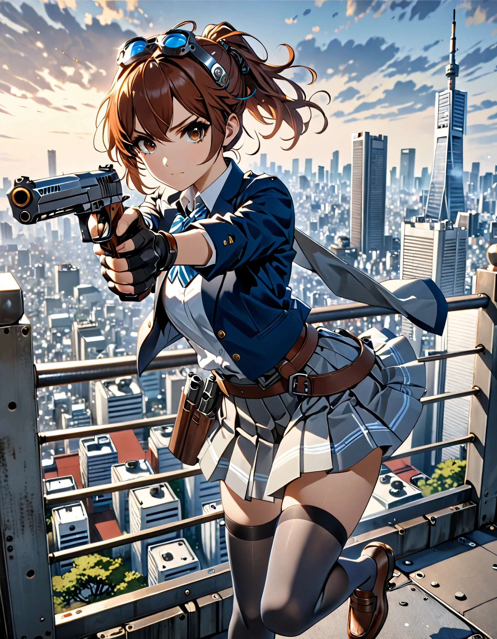 masterpiece, high quality, high res, highly detailed, 8k, 1girl, solo, an anime girl in a white and blue high school uniform dual welding and aiming two pistols, auburn hair, short hair, tied-up hair, ponytail, auburn-brown eyes, black disc-shaped hair ornament, full grey stockings, brown loafers, tokyo backdrop, shooter
