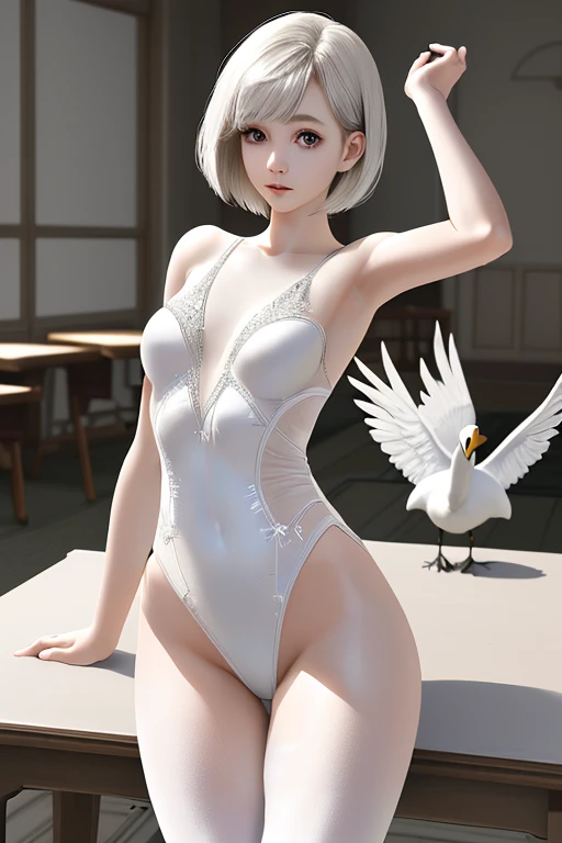 (a very angelic swan,pixar,beautiful,8k,with tender eyes by the lake