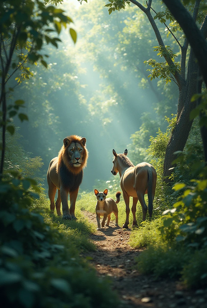 A wide shot of Sheru the lion as he strides away into the forest, his powerful form gradually disappearing into the distance. Foxy is left sitting on the ground, deep in thought, her expression one of regret and reflection. The surrounding jungle is thick, with sunlight filtering through the trees, casting a soft light on the scene."