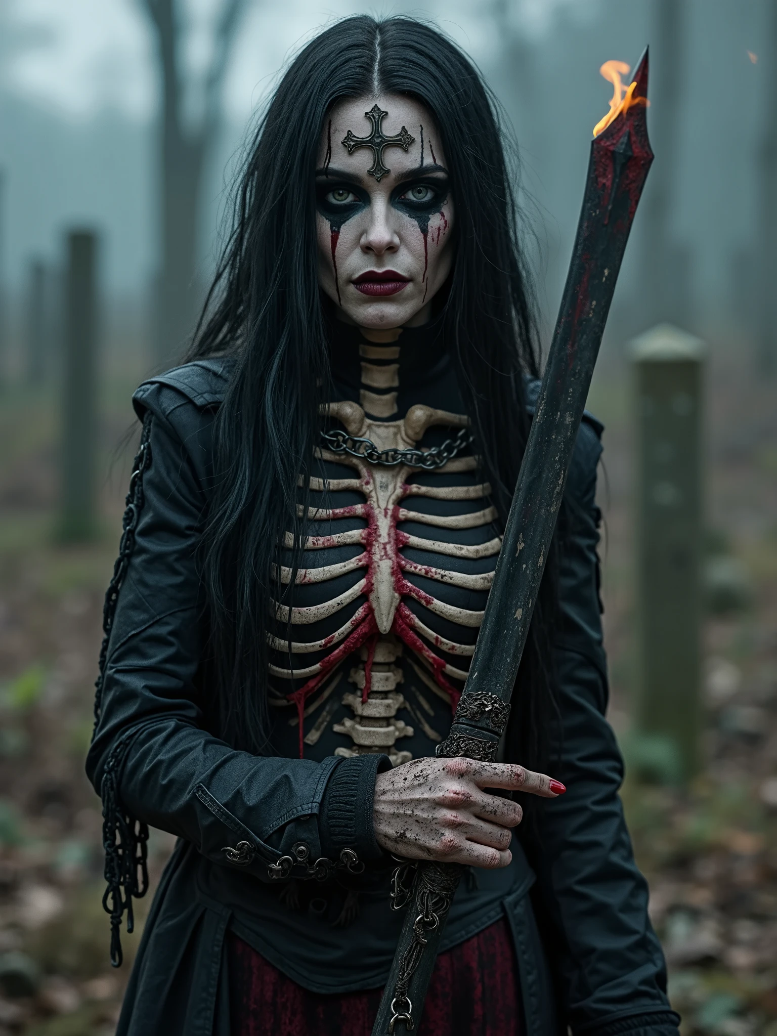 Beautiful necromancer goddess entity,part skeleton part flesh rising from a grave,long black hair with dirt and covered in red liquid,dark makeup,majestic eyes and dark tight chain jacket, holding a long black sword with flames,converted cross on her forehead,dark surreal photography, dark art,dark realistic art, melancholic atmosphere, bone graveyard background
