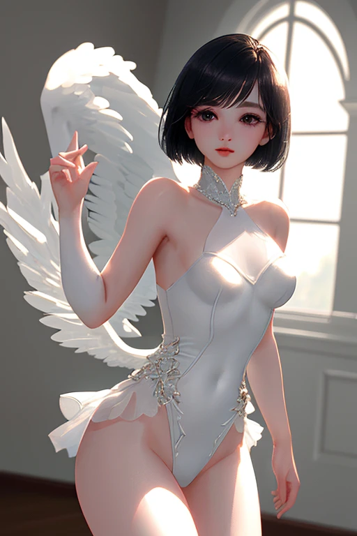 (High resolution, realista) retrato de una hermosa chica coreana con (cabello blanco ondulado) y (heterochromic eyes)Ella lleva un (Camisa blanca suelta) y (pantalones de yoga) que la muestran (abdominales apretados) y (Dedos de camello), mientras que su (pechos gryes) y (piernas largas) add to the allure.