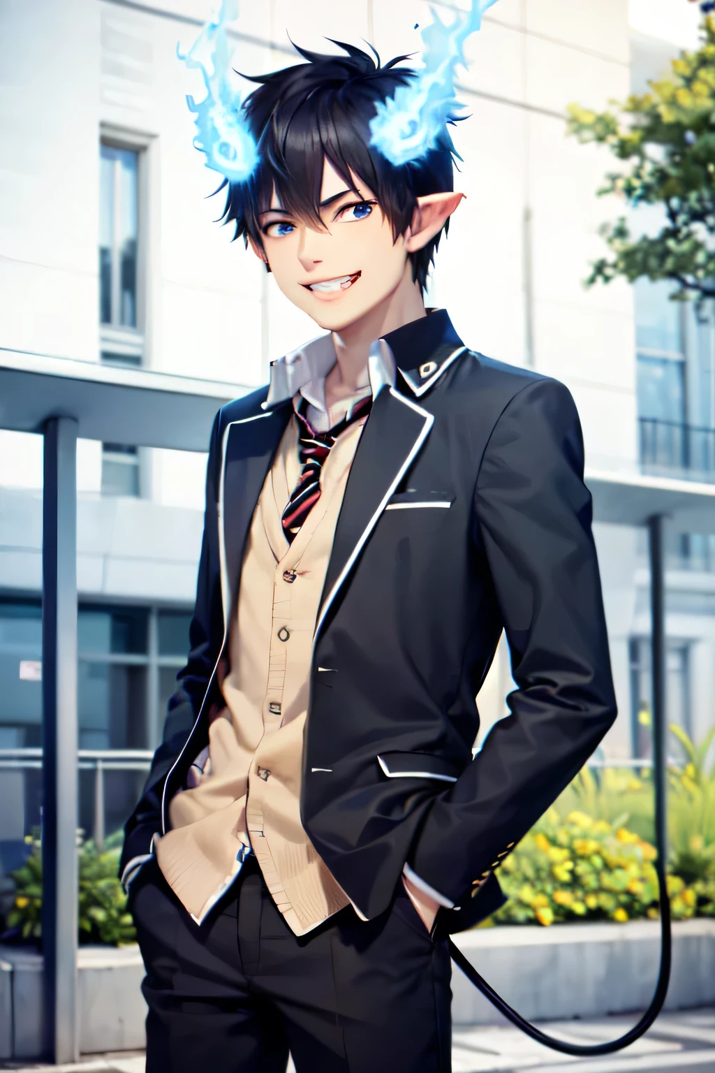 (masterpiece, best quality:1.2), cowboy shot, solo, male focus, 1boy, okumura rin, grin, looking at viewer, hands in pockets, blue fire, school uniform, striped necktie, flame-tipped tail, sonriendo dulcemente, sonrisa,