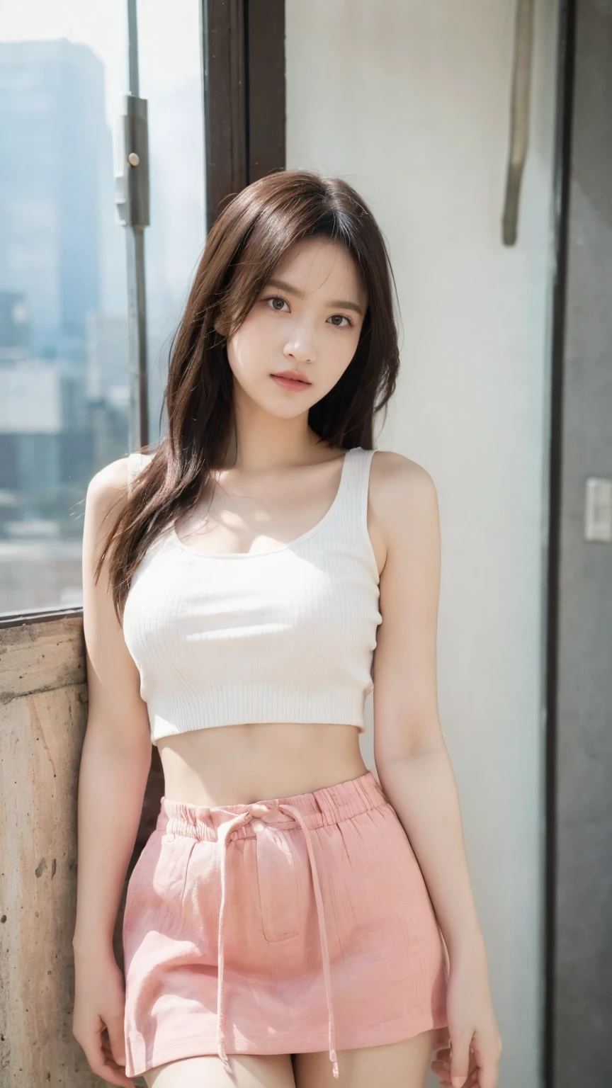 A very cute girl, solo, young, wearing tank top and short pants, big breasts, white and smooth skin, standing, full body, red lip, long hairs, at stair studio, realistic face