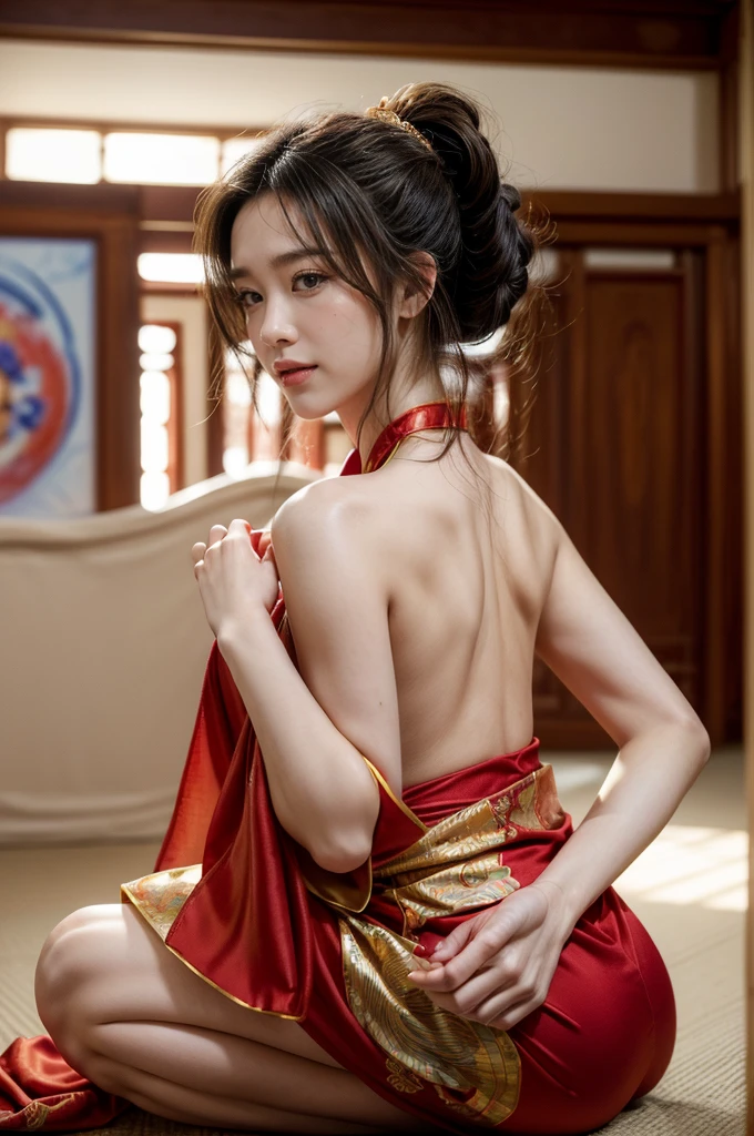 (((((Tight ass))))),Tight ass,((((((Looking back)))))),((((((Small chest))))))、((((Flat Chest))),(((Her clothes were flipped open and her breasts were spilling out)),((((topless)))),(((((My chest is visible))))),((((toplesy chest is visible))))),((Mid-chest))),((thin体),((thin体))),1 girl,Japanese,23 years old,woman,Brown long straight hair,Detail face,Detail lips,Details,double eyelid,Wet body,perfect body,Trained abdominal muscles,Shiny skin,最高にhigh quality,日本のwoman一人,diamond,Earrings, 最high quality, 8k, masterpiece: 1.3, Ultra HD, high quality, 最high quality, High resolution, realism 、thin、thinだがアスリートのような細マッチョ、Wear accessories on your wrist、Wearing red nail polish、Having a pedicure、Near and far in the air((Atmospheric perspective))、smile((smiley))、Background Blur((Depth of written boundary)、Belly Dancer、Wear a belly dance costume、、My abs are ripped、I can see my belly button、barefoot、クリスタルEarrings((クリスタルEarrings))、Hair behind the ear((Hair behind the ear))、Chest pocket、background art nouveau、Dance vigorously、Petals dance across the screen.、Face Veil((Mouth veil))、Wear an anklet、dance hall、dance hall