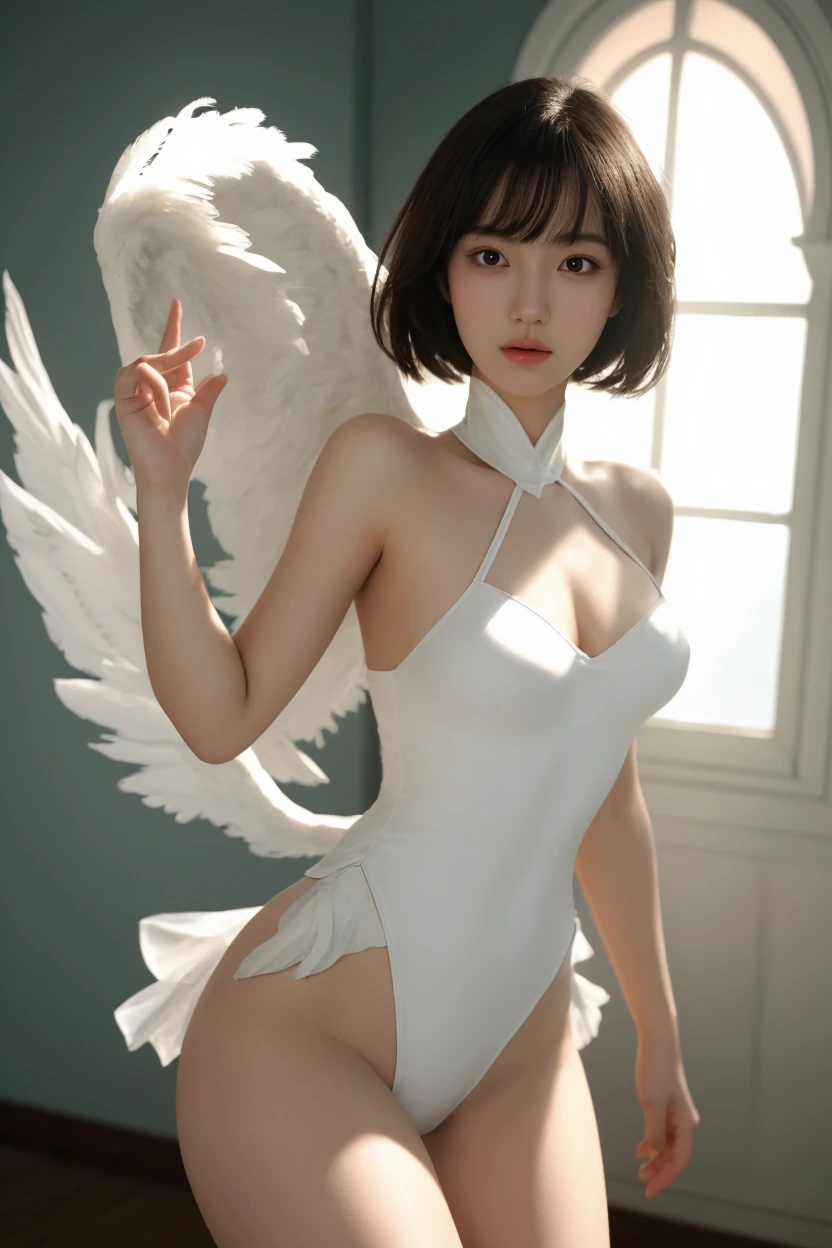 Sakura Card Captor, semidesnuda, iconic costume with angel wings,very sexy small clothes,she has his iconic Star Wand in his hand, botas blancas adornadas, guantes blancos adornados, adulta, cuerpo muy delgado, super skynny body, small and beautiful buttocks, abdomen tonificado, I can see her beautiful and perfect small breasts,piernas hermosas, manos perfectas, intelligent, poder resplandeciente en su cuerpo, obscena, super powerful, sensual, In the background is the Tokyo Tower of Japan, se observa la luna grande en el fondo,mirada sensual, ojos hermosos,short hair, classic hairstyle,Hair dyed in bright brown color, Best quality,8K,A high resolution,Masterpiece,Ultra detailed,Realistic, Photorealistic,photo realistic