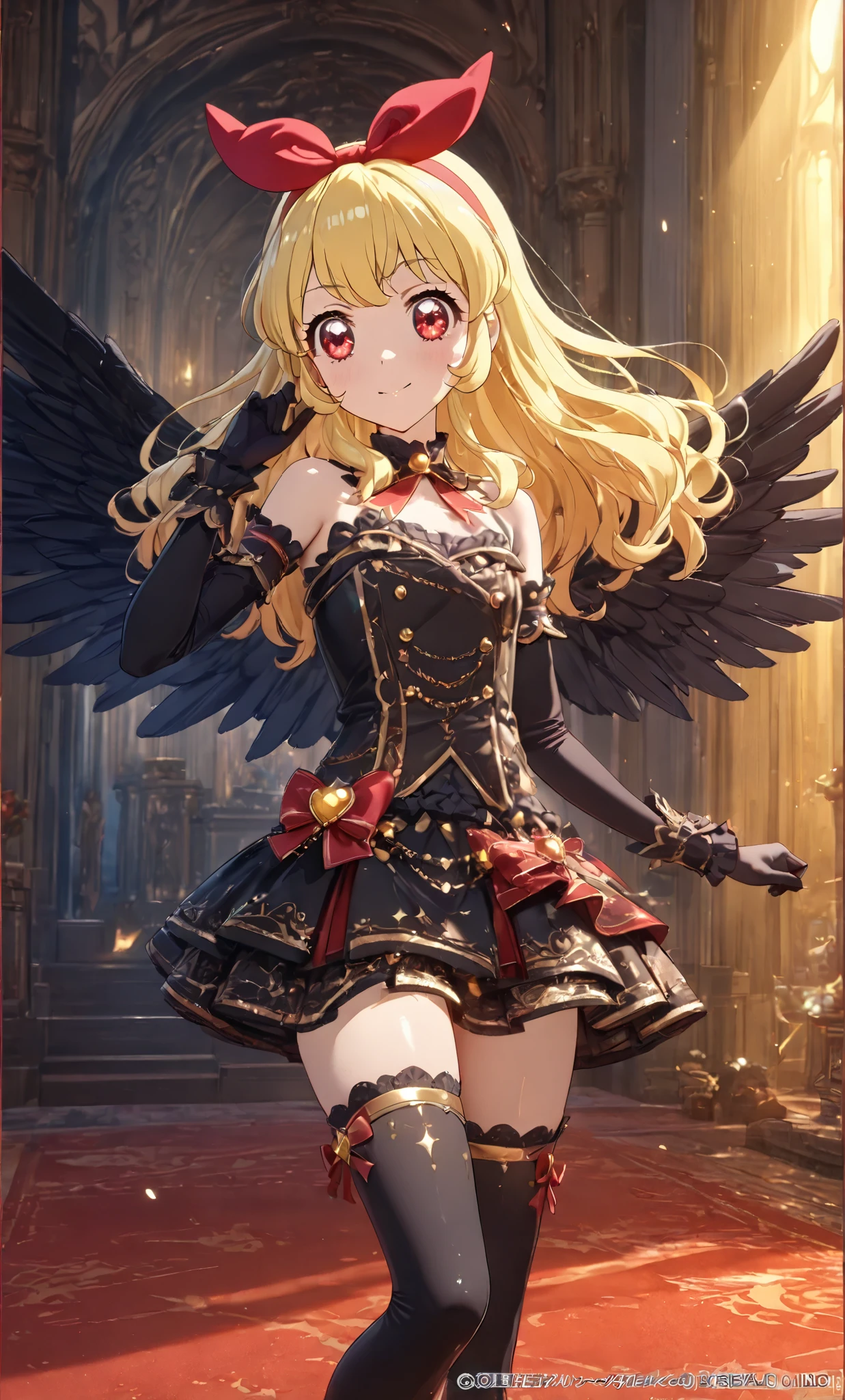 (Blue sky:0.9), (high ground:0.2), (grass:0.2), (a girl:0.1),, (Masterpiece, Top Quality, Highly Detailed, Super Detailed, High Resolution, Absurd, 4K, 8K: 1.2), (Official Art, Incredibly Detailed Illustrations, Highly Detailed CG, Details background, cinematic lighting, dynamic angles, perfect hands, detailed shiny skin, detailed hair, detailed eyes) (very nice detailed cute face, beautiful face) (very detailed) ( 3D depiction) BREAK,, Aikatsu, Ichigo Hoshimiya, 1girl,, Solo,,, blonde, GOLD and Black idol costume, Black ANGEL wing, red eyes, looking at camera, Ichigo Hoshimiya (Aikatsu!), (Red ribbon on hair band: 1.2)