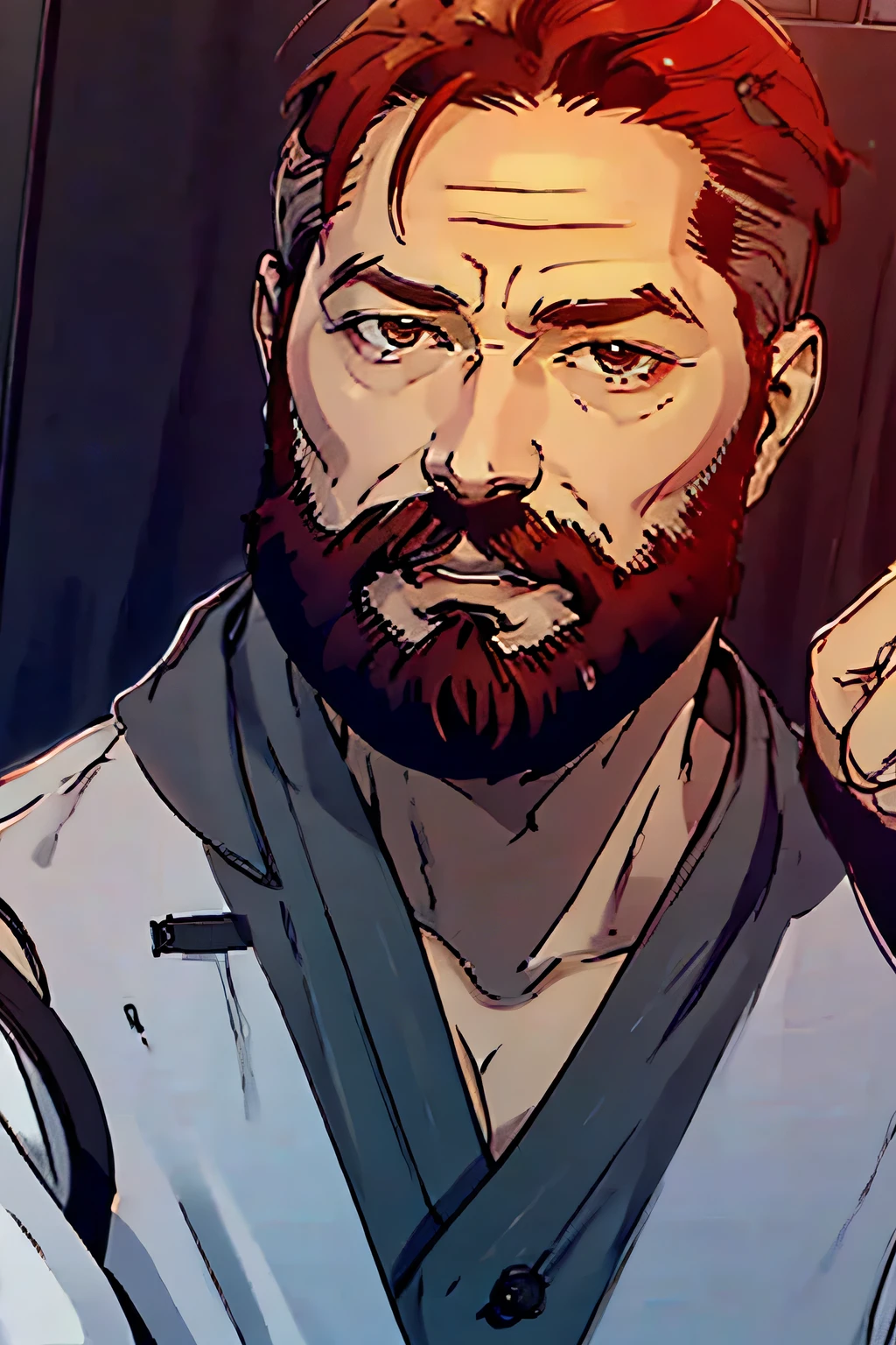 Military man about 50 years old, with pale skin , brown eyes , red-haired hair and a few gray hairs, with a beard and smiling , in the drawing style of Shingueki no Kyojin